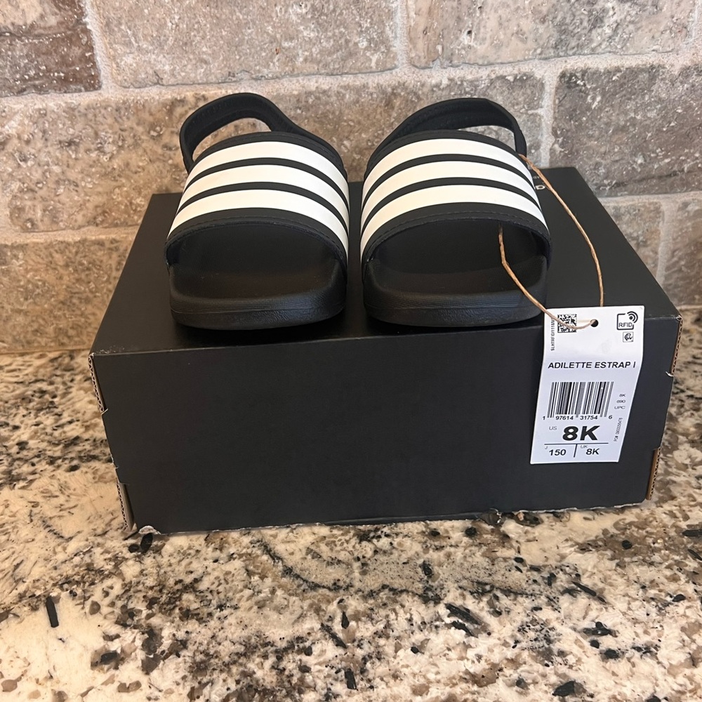 Adidas Kids Black and White Striped Sandals